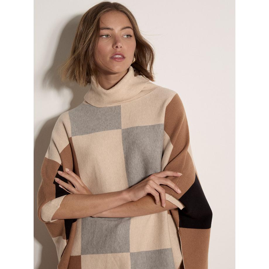 APRICOT Poncho à col roulé à carreaux et motifs colorés  