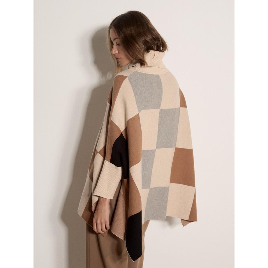 APRICOT Poncho à col roulé à carreaux et motifs colorés  
