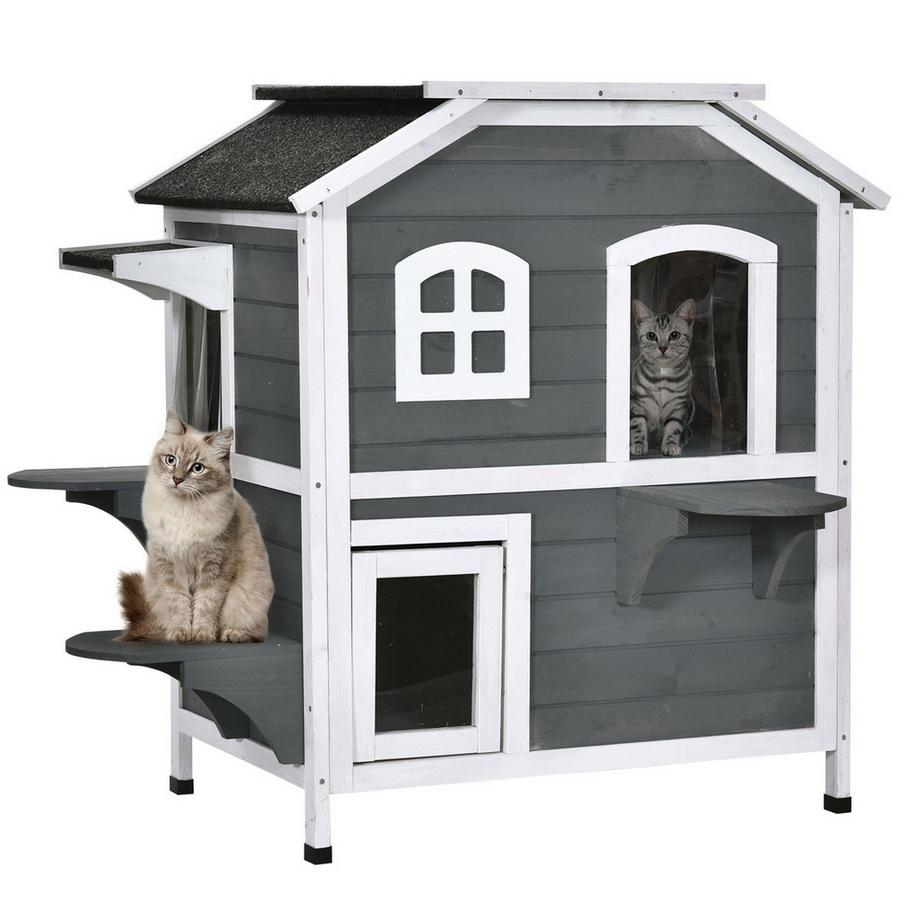 Northio  Niche Pour Chat Avec Toit En Asphalte, Maison D'Extérieur Résistante Aux Intempéries Avec Escaliers, 2 Niveaux, Bois De Sapin, Gris, 78 X 55,5 X 91 Cm 