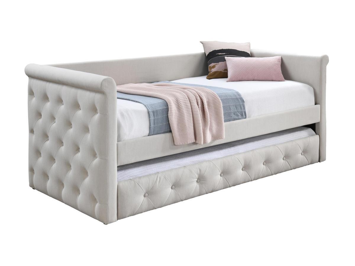 Vente-unique Lit banquette gigogne capitonné - 2 x 90 x 190 cm - Tissu - Beige - LOUISE  