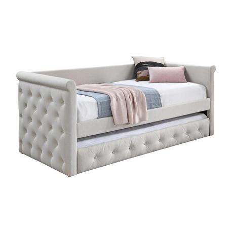 Vente-unique Lit banquette gigogne capitonné - 2 x 90 x 190 cm - Tissu - Beige - LOUISE  