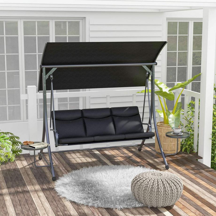 Northio Hollywoodschaukel mit Couchtische, 3-Sitzer Gartenschaukel mit verstellbarem Sonnendach, Schaukelbank belast bis 300kg, für Garten, Terrasse, 271 x 125 x 177 cm, Schwarz Aosom  