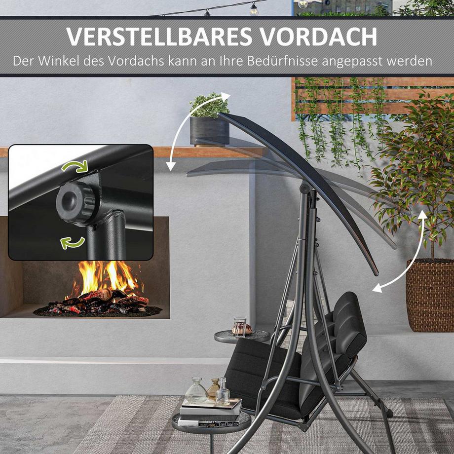 Northio Hollywoodschaukel mit Couchtische, 3-Sitzer Gartenschaukel mit verstellbarem Sonnendach, Schaukelbank belast bis 300kg, für Garten, Terrasse, 271 x 125 x 177 cm, Schwarz Aosom  