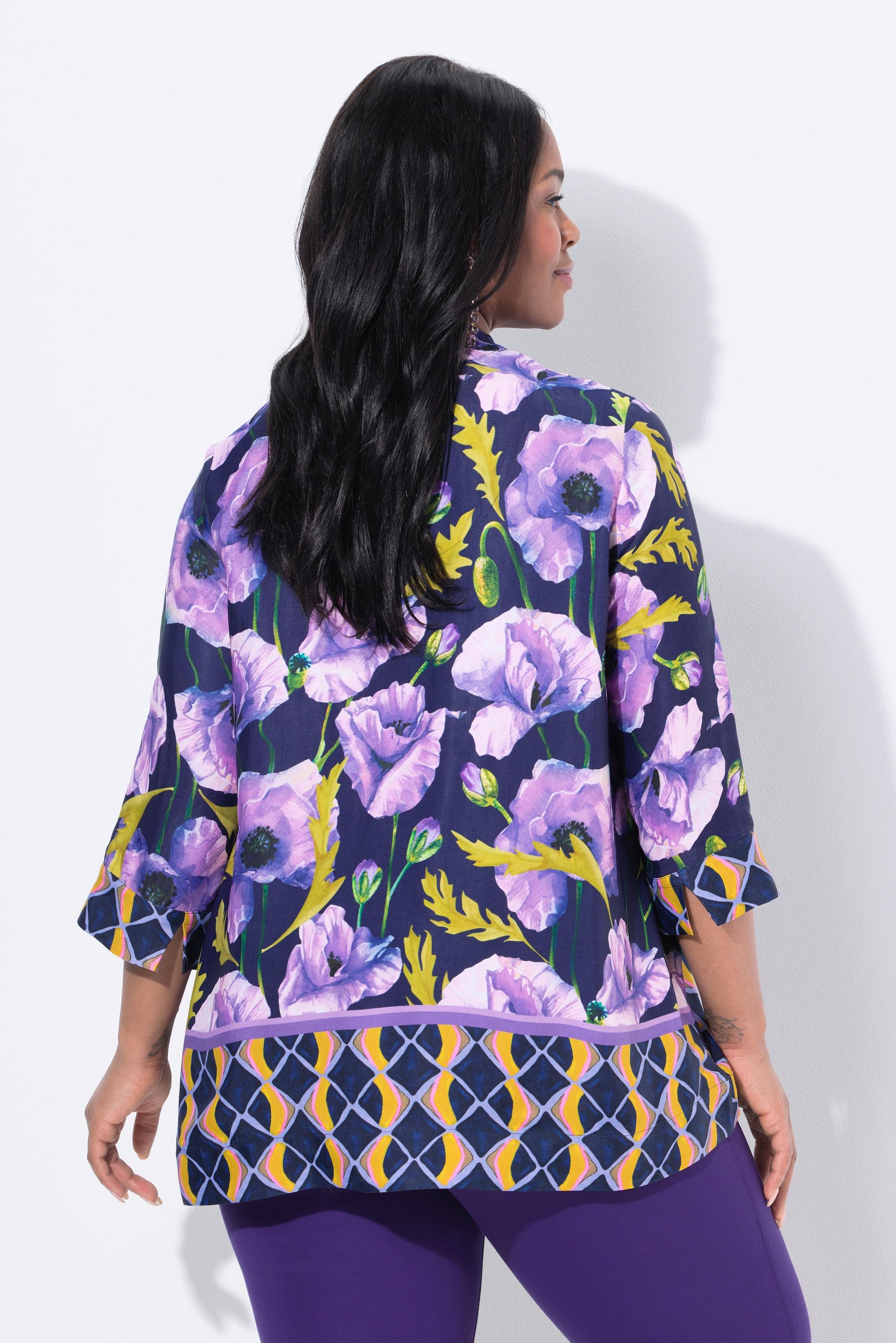 Ulla Popken Tunica Floreale Linea ad A Collo a Calice Maniche 3/4  