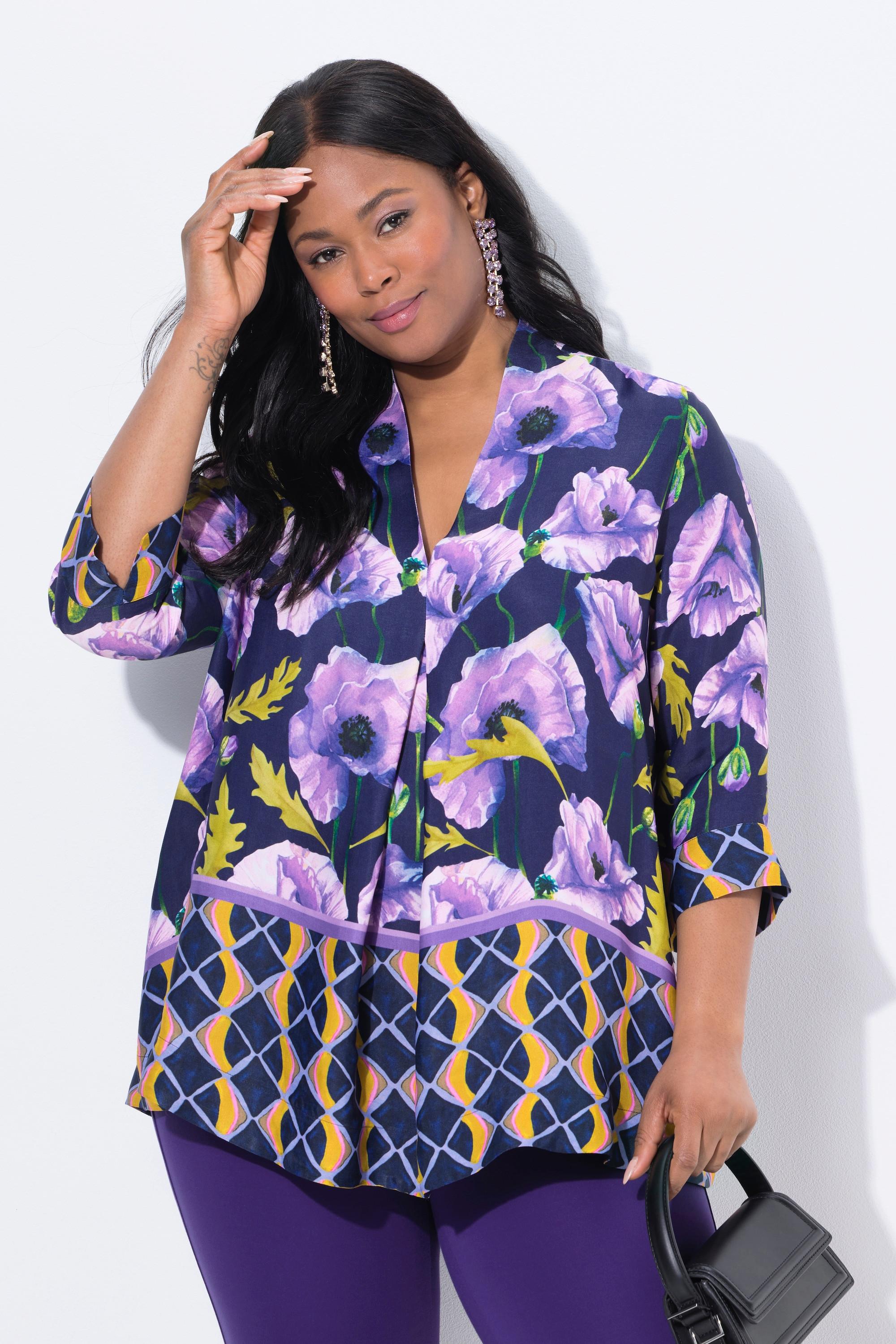 Ulla Popken Tunica Floreale Linea ad A Collo a Calice Maniche 3/4  