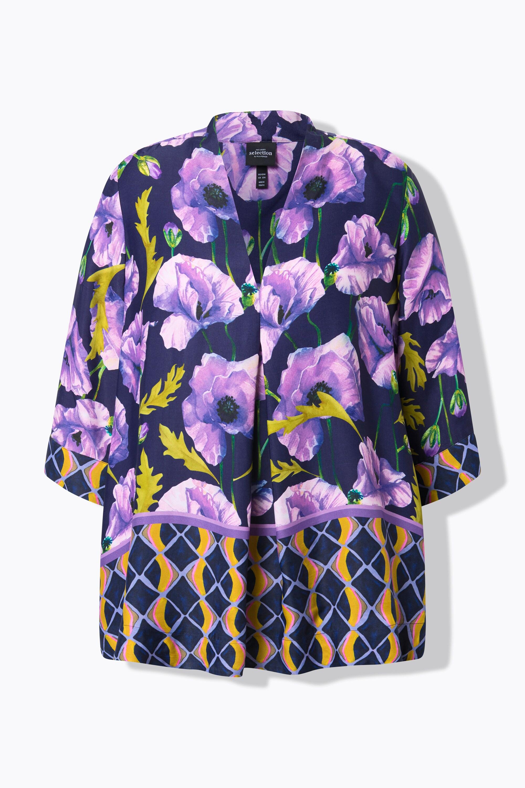 Ulla Popken Tunica Floreale Linea ad A Collo a Calice Maniche 3/4  