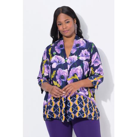 Ulla Popken Tunica Floreale Linea ad A Collo a Calice Maniche 3/4  