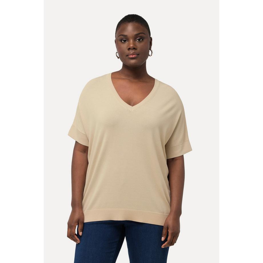 Ulla Popken Strick Oversized V-Ausschnitt Halbarm Shirt  