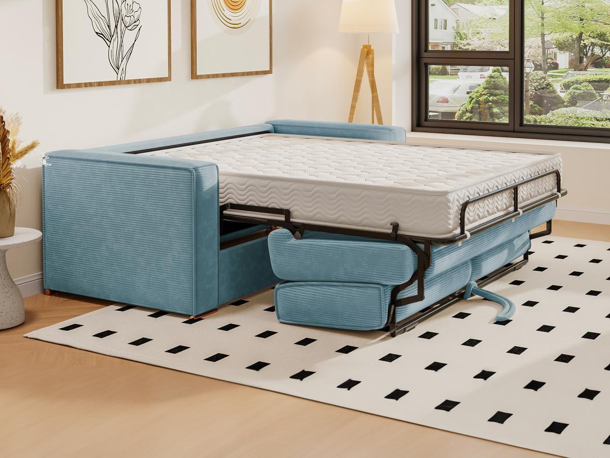 Vente-unique Canapé 3 places convertible express en velours côtelé bleu turquoise - Couchage 140 cm - Matelas 18 cm LORETO  