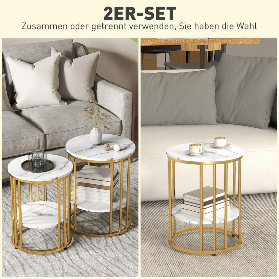 Northio Couchtisch rund 2er Set Beistelltisch mit Ablage, Stahlrahmen, Wohnzimmertisch in Marmoroptik Kaffeetisch für Wohnzimmer Schlafzimmer Weiß Aosom  