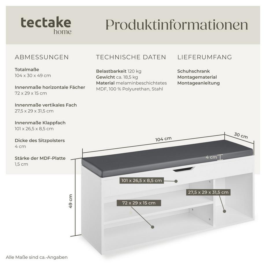 Tectake Schuhbank Natalya für 9 Paar Schuhe mit Sitzpolster  