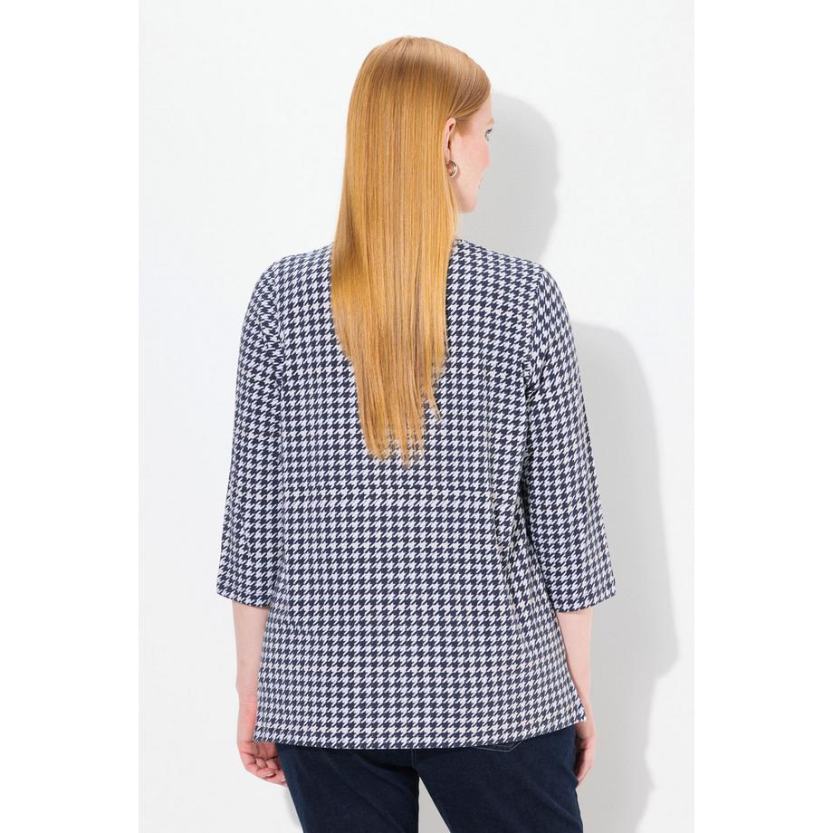 Ulla Popken Hahnentritt V-Ausschnitt 3/4 Arm Pima Cotton Shirt  