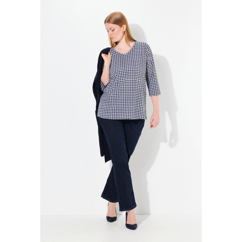 Ulla Popken Hahnentritt V-Ausschnitt 3/4 Arm Pima Cotton Shirt  
