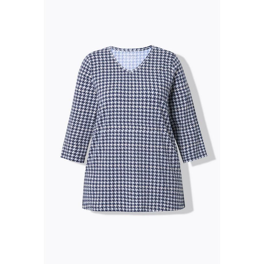 Ulla Popken Hahnentritt V-Ausschnitt 3/4 Arm Pima Cotton Shirt  