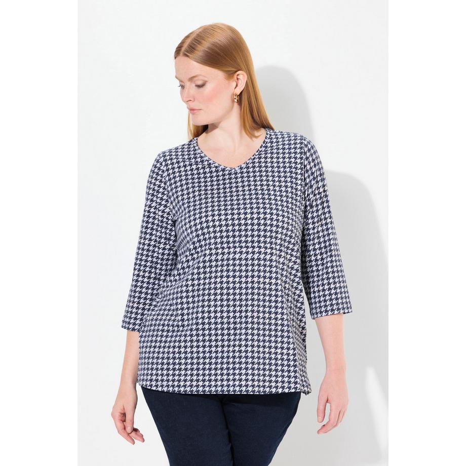 Ulla Popken Hahnentritt V-Ausschnitt 3/4 Arm Pima Cotton Shirt  
