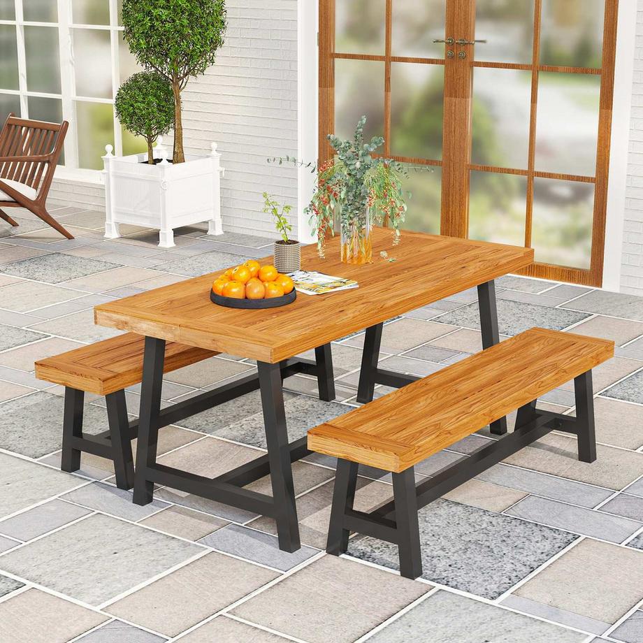 Northio Sitzgruppe 3-teilig Holz Essgruppe für 4 Personen im Lamellendesign Esstisch mit 2 Bänke Esszimmergruppe mit Holztisch Küchentisch-Set Balkonmöbel Gartenmöbel für Terrasse, Balkon Teak |  