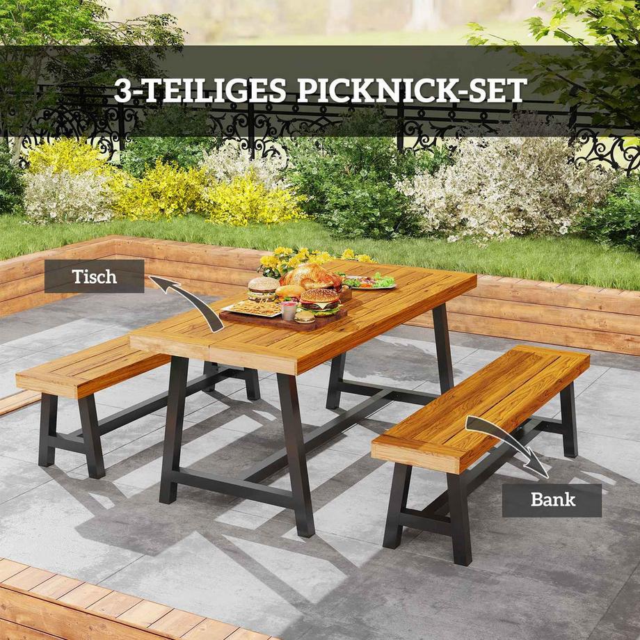 Northio Sitzgruppe 3-teilig Holz Essgruppe für 4 Personen im Lamellendesign Esstisch mit 2 Bänke Esszimmergruppe mit Holztisch Küchentisch-Set Balkonmöbel Gartenmöbel für Terrasse, Balkon Teak |  