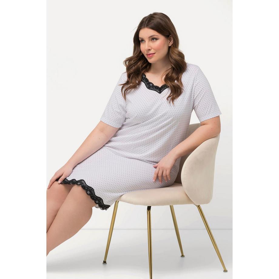 Ulla Popken Camicia da notte a pois Pizzo Scollo a V Mezze Maniche  