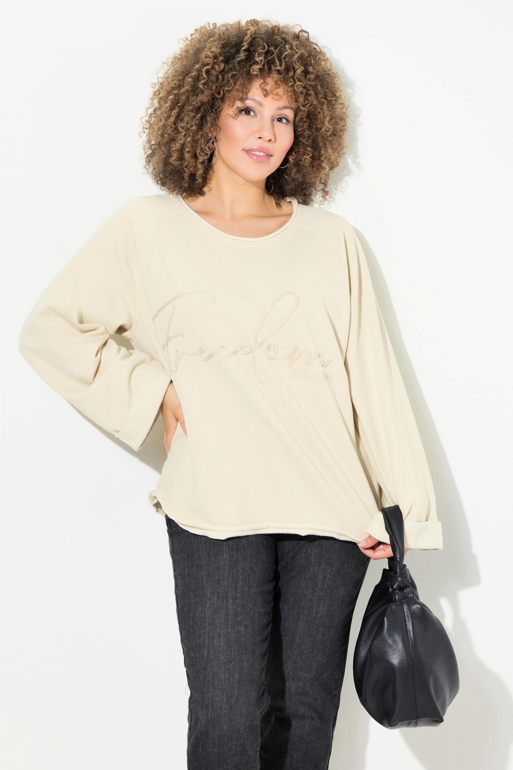 Ulla Popken  Sweat-shirt, broderie, col rond, manches longues, bords roulottés 