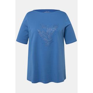 Ulla Popken  T-shirt en coton Pima. Encolure bateau et manches 3/4. Motif fougère 