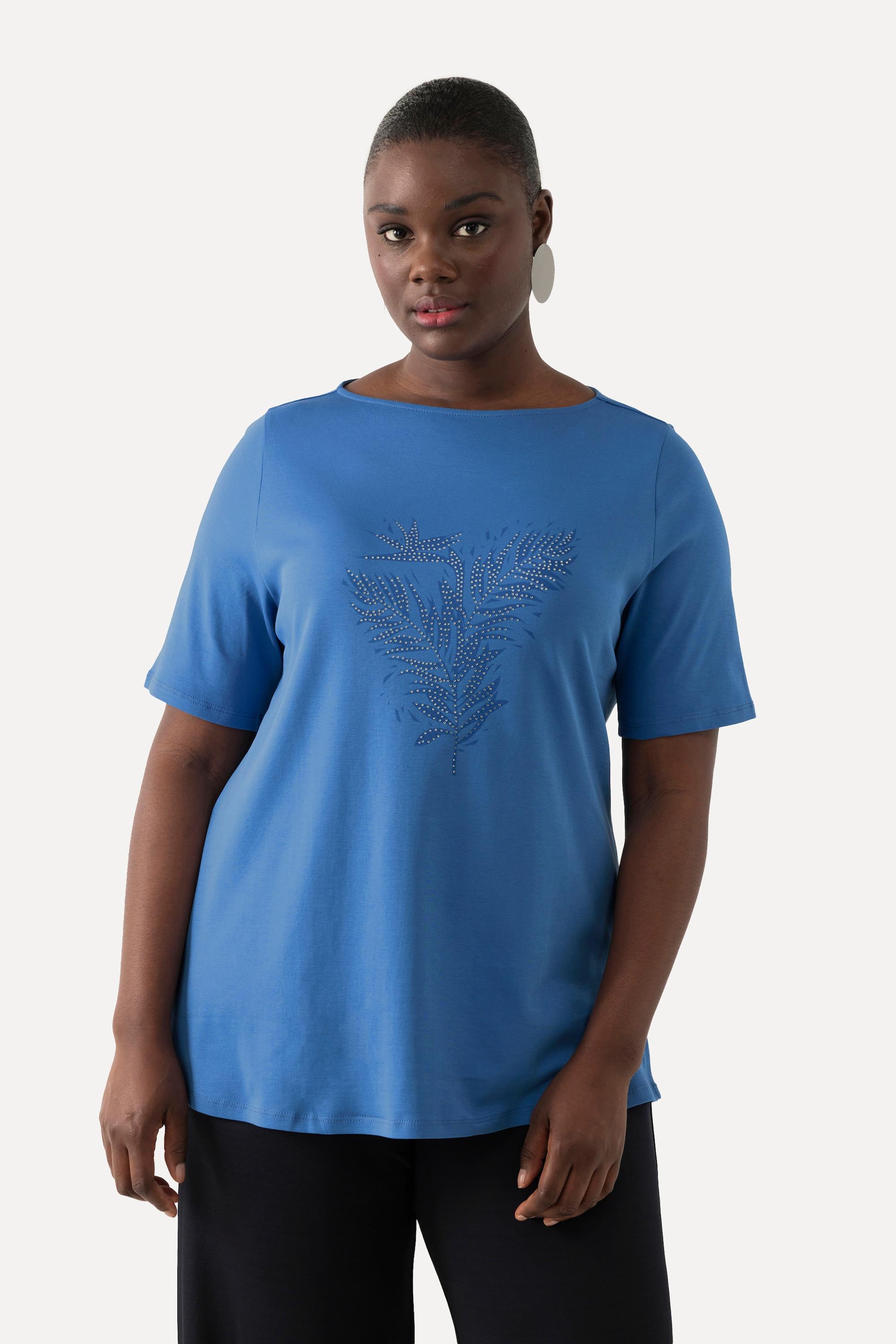 Ulla Popken  T-shirt en coton Pima. Encolure bateau et manches 3/4. Motif fougère 