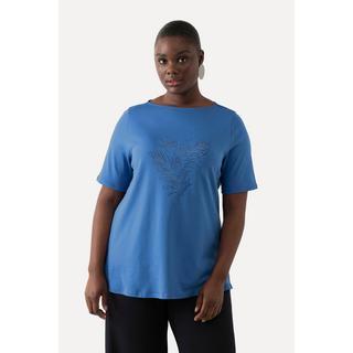 Ulla Popken  T-shirt en coton Pima. Encolure bateau et manches 3/4. Motif fougère 