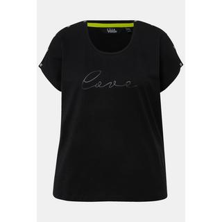 Ulla Popken  T-shirt dal taglio oversize con LOVE, bottoni, scollo a girocollo e mezze maniche 