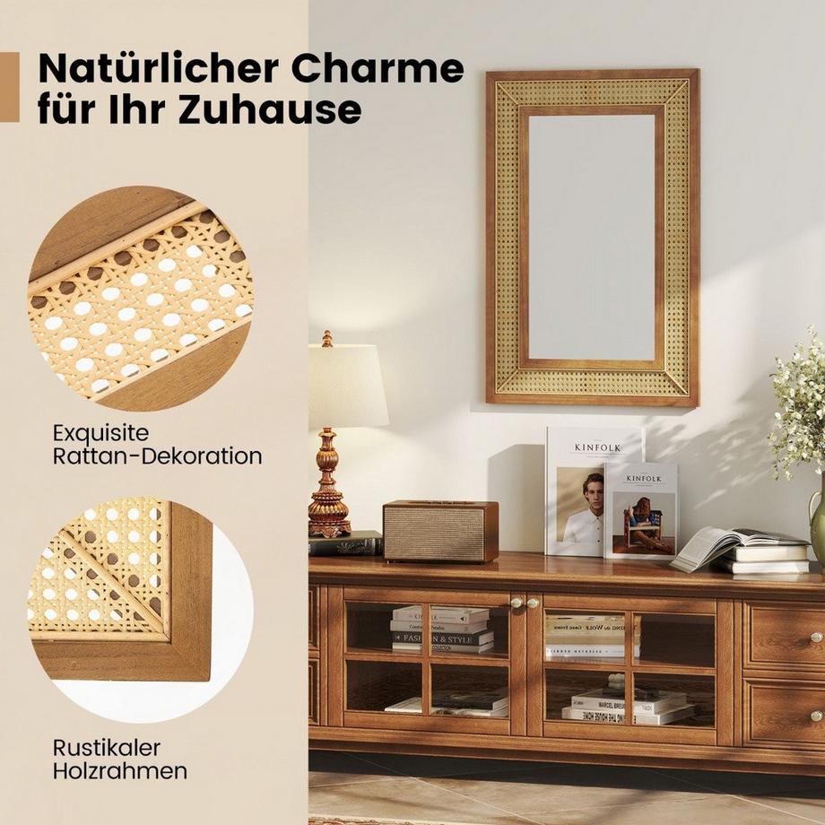 Northix Miroir mural en rotin avec crochets  