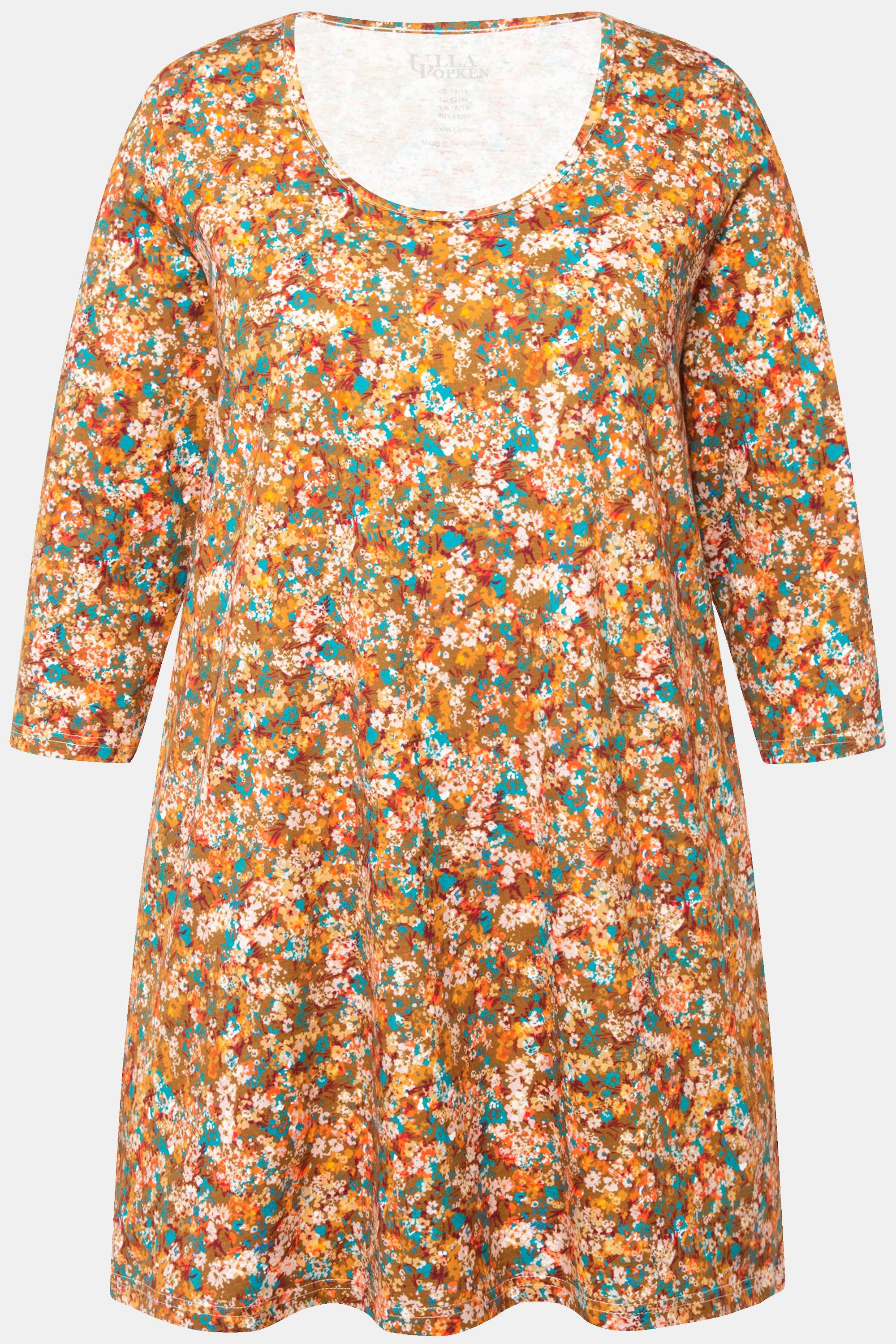 Ulla Popken  Longshirt, Blüten, A-Linie, Rundhals, 3/4-Arm 