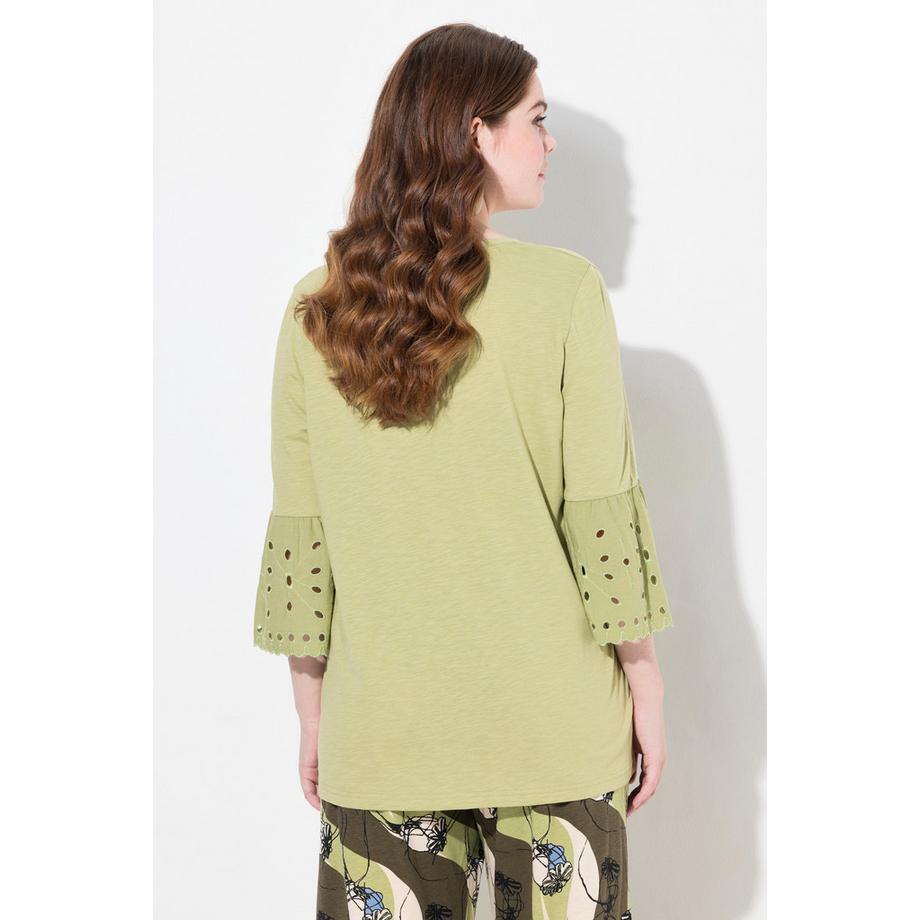 Ulla Popken Shirt Spitzen-Volantärmel V-Ausschnitt Biobaumwolle  