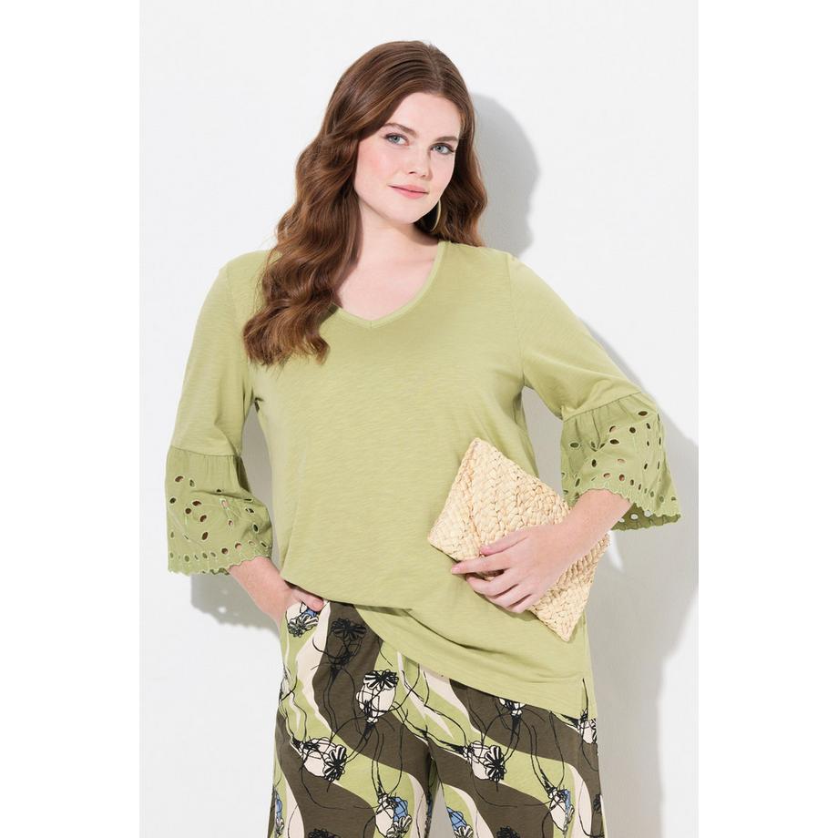 Ulla Popken Shirt Spitzen-Volantärmel V-Ausschnitt Biobaumwolle  