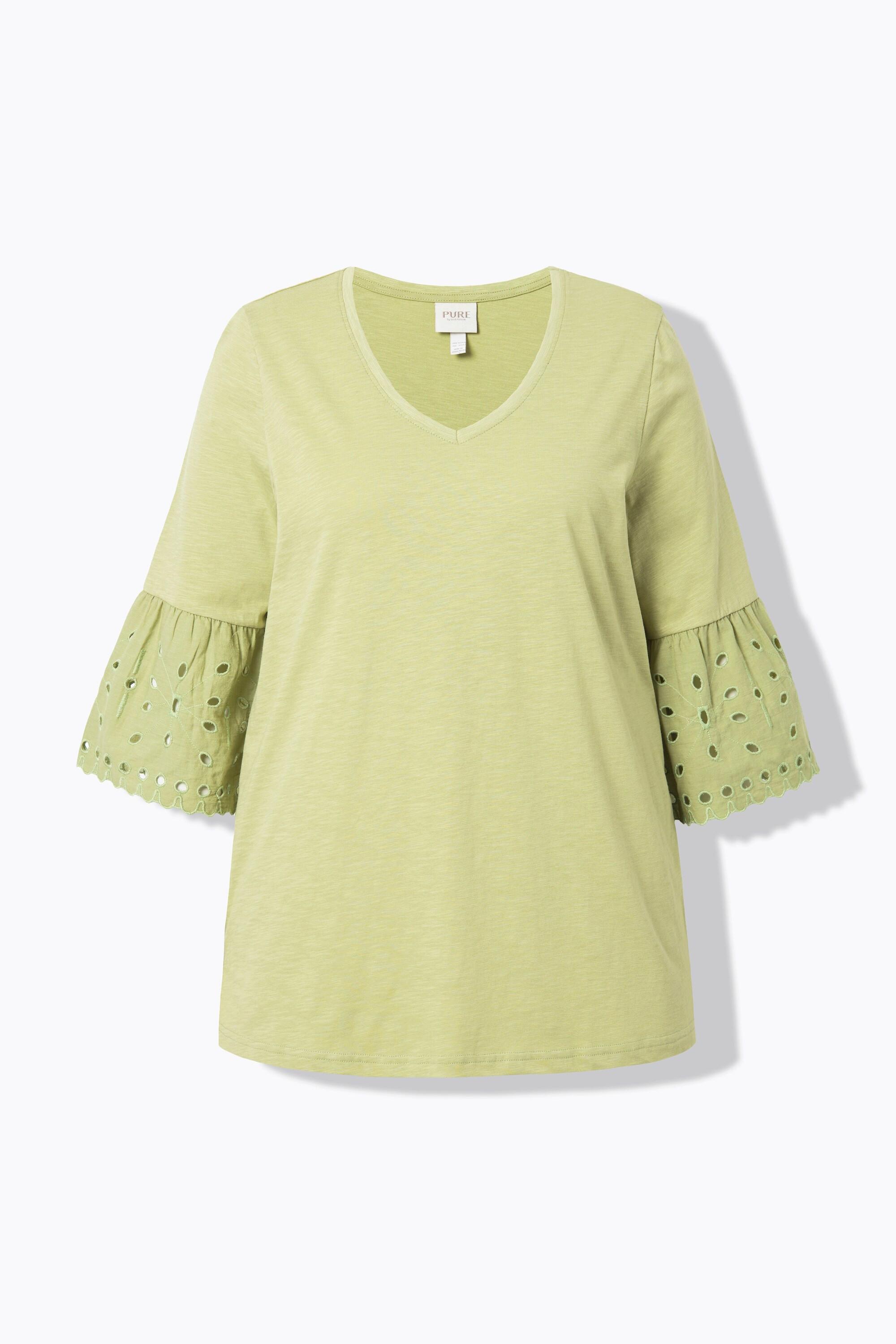 Ulla Popken  T-shirt, manches à volants en dentelle, col en V, coton bio 