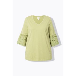 Ulla Popken  T-shirt, manches à volants en dentelle, col en V, coton bio 