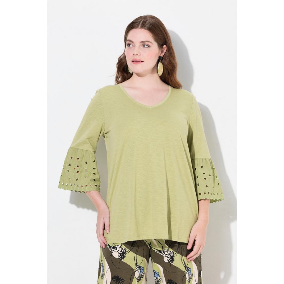 Ulla Popken Shirt Spitzen-Volantärmel V-Ausschnitt Biobaumwolle  