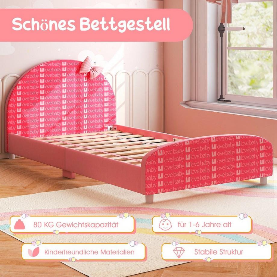 B2X  140 x 70 cm Kinderbett mit Weichem Kopfteil & Fußteil Lattenrost Babybett Rosa Schleife 