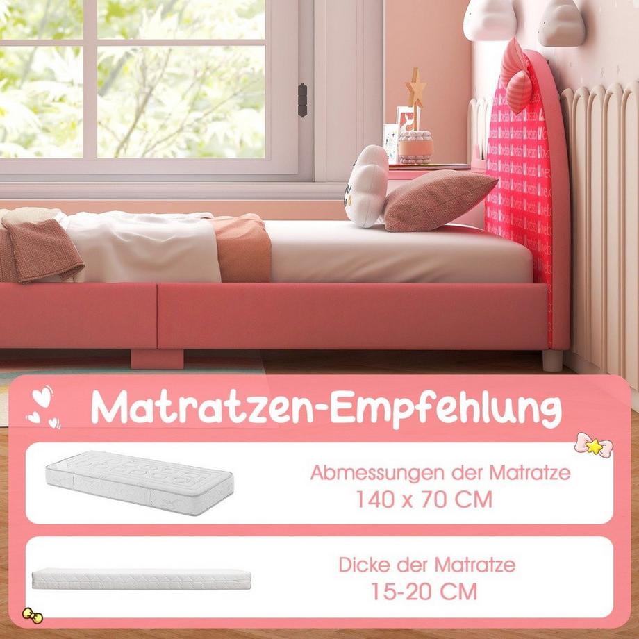B2X  140 x 70 cm Kinderbett mit Weichem Kopfteil & Fußteil Lattenrost Babybett Rosa Schleife 