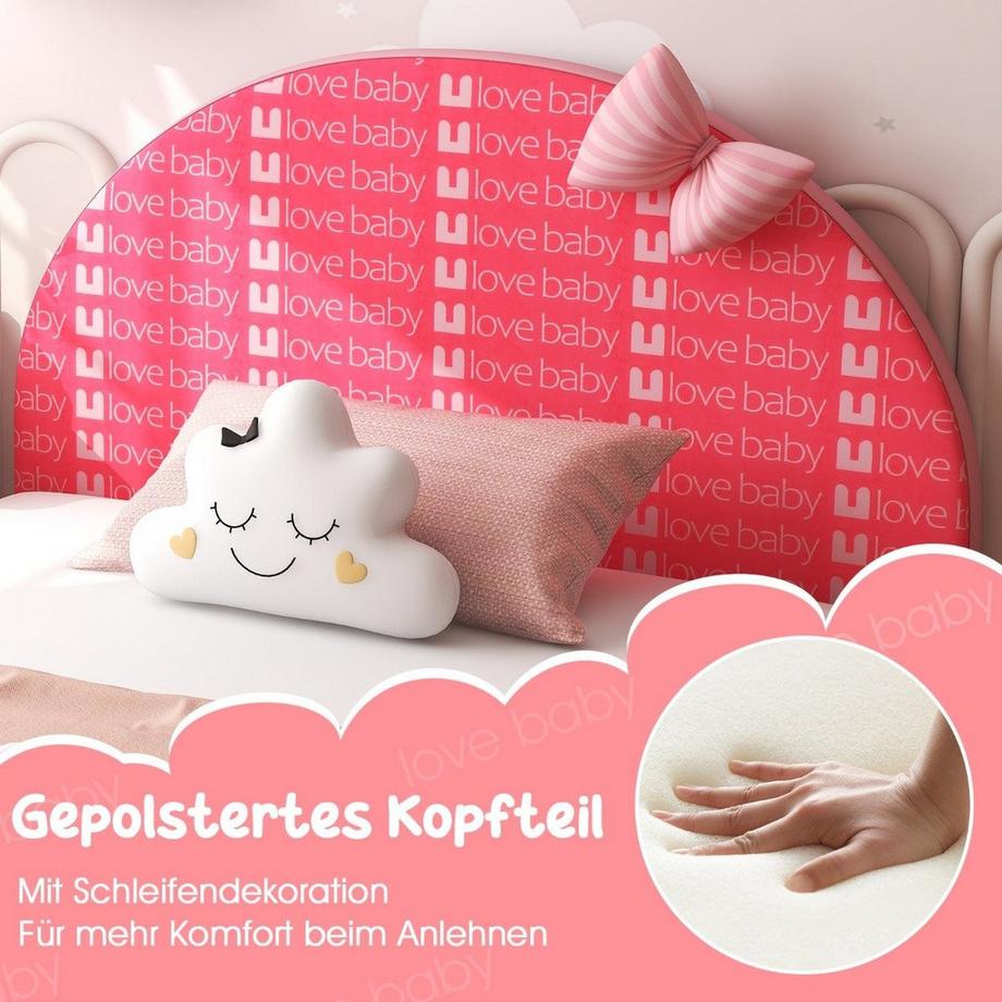 B2X  140 x 70 cm Kinderbett mit Weichem Kopfteil & Fußteil Lattenrost Babybett Rosa Schleife 