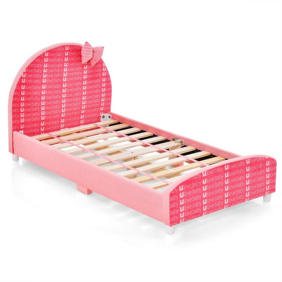 B2X  140 x 70 cm Kinderbett mit Weichem Kopfteil & Fußteil Lattenrost Babybett Rosa Schleife 