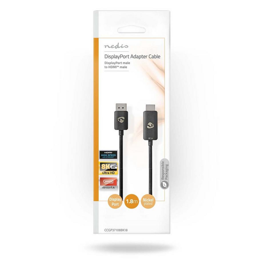 Nedis  Displayport Adapter | DisplayPort Hane | HDMI™ Kontakt | 8K@30Hz | Vernickelt | Rak | 1,80 m | Rund | TPE | Svart | Kuvert 