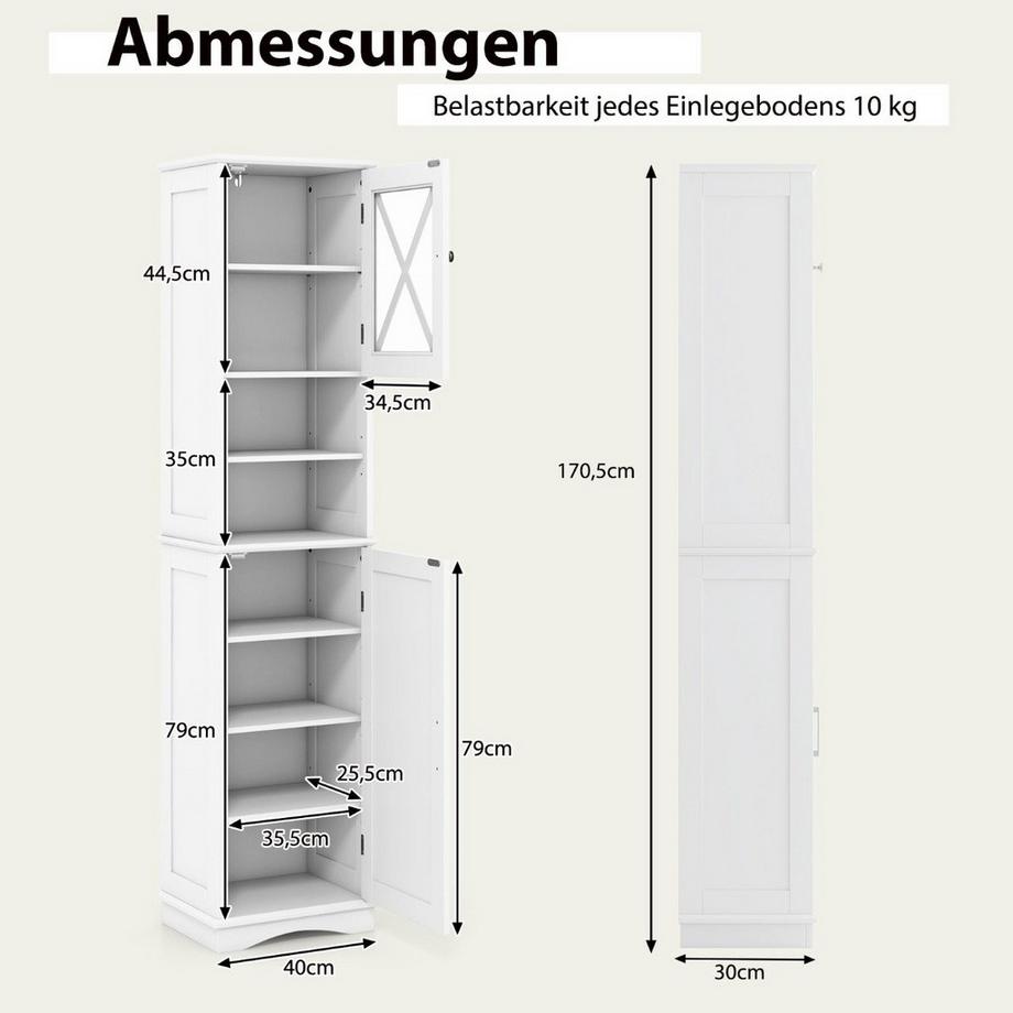 Northix Meuble de salle de bain mince avec 5 étagères réglables et 2 portes, meuble haut indépendant, blanc  