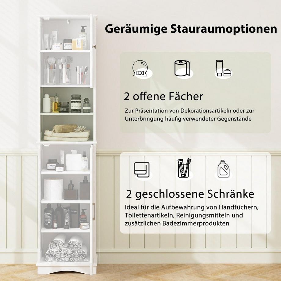 Northix Meuble de salle de bain mince avec 5 étagères réglables et 2 portes, meuble haut indépendant, blanc  