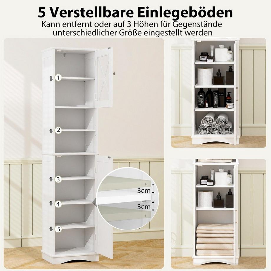 Northix Meuble de salle de bain mince avec 5 étagères réglables et 2 portes, meuble haut indépendant, blanc  