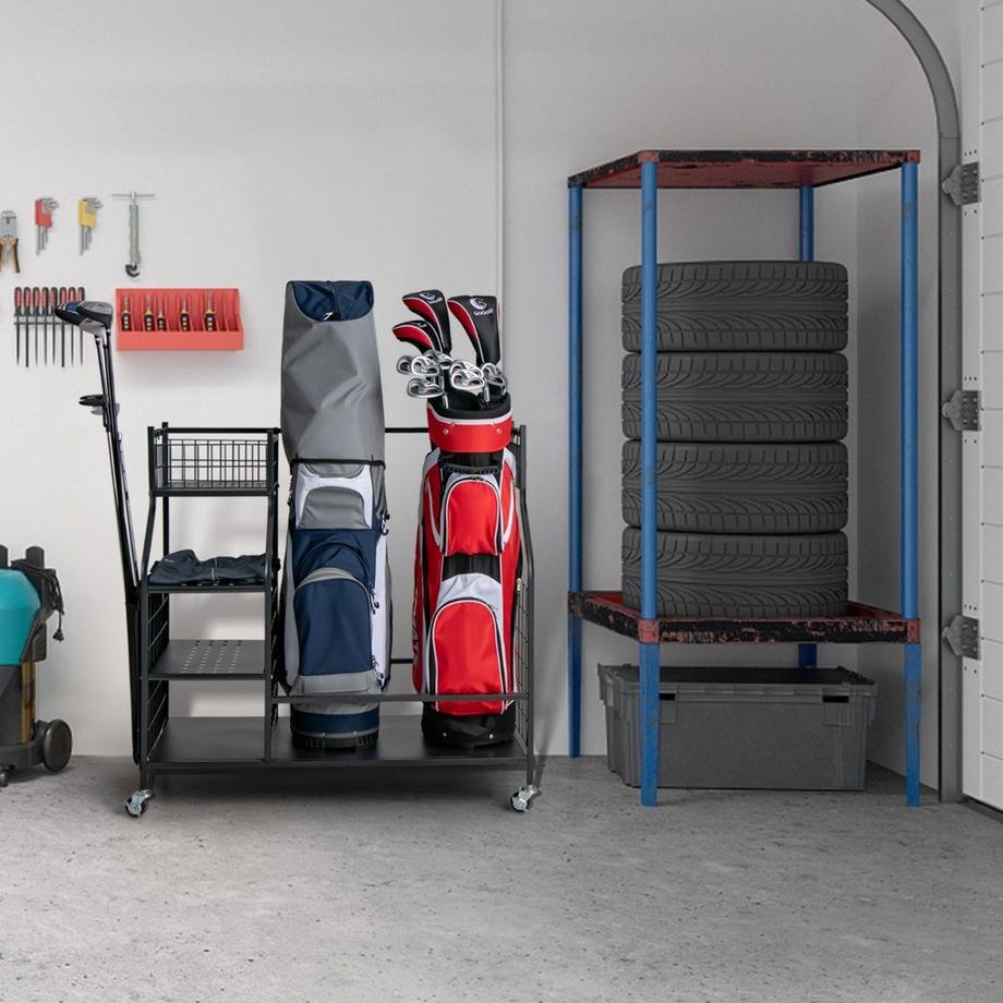 Northio  Golftaschenständer für die Garage Wagen für Golfausrüstung Golftaschenregal mit Schlägerhalter 