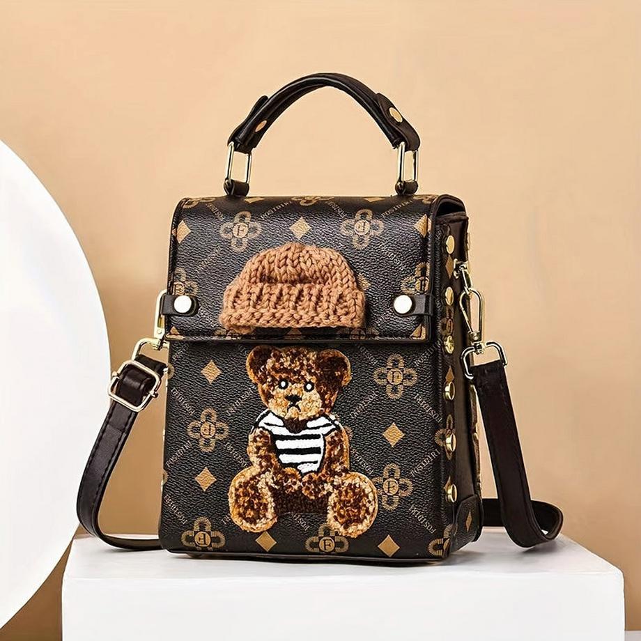 Mini-Rucksack Geldbörse, PU-Leder, niedliche Teddybär-Design, Handy-Tasche, stilvolle Handtasche mit verstellbaren Riemen