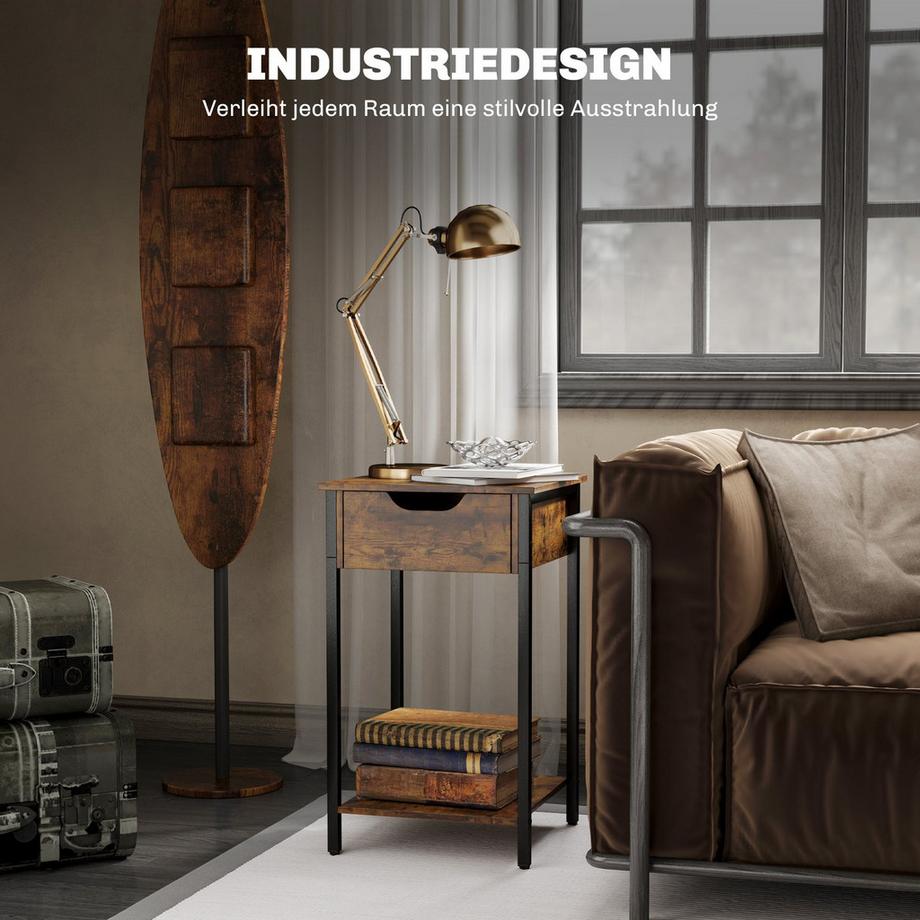 Northio Beistelltisch, Couchtisch im industriell Design, Kaffeetisch mit Stahlrahmen, für Wohnzimmer, Schlafzimmer, 40 x 40 x 68 cm, Rustikales Braun  