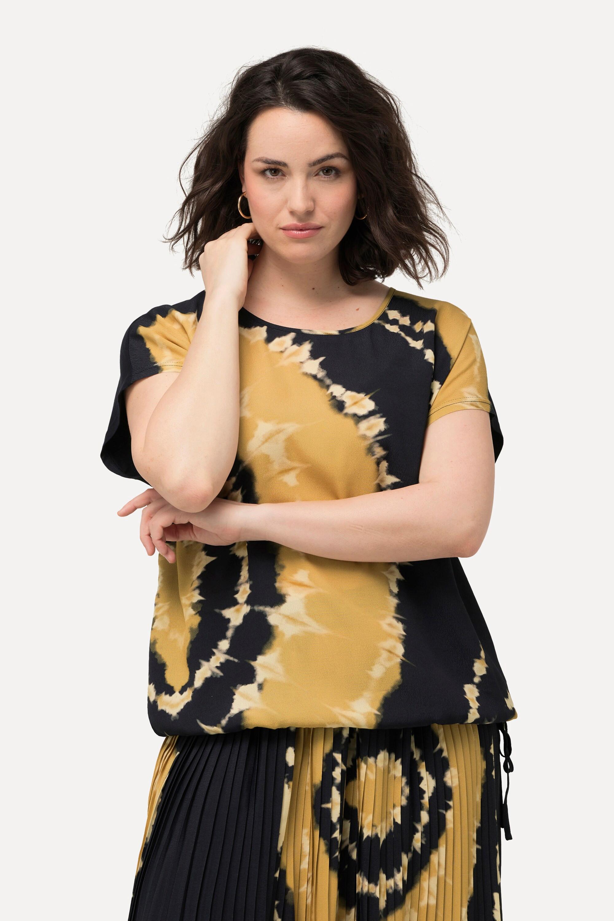 Ulla Popken Stampa Batik Scollo Rotondo Maniche Corte Blusa con Fascia sull'Orlo  