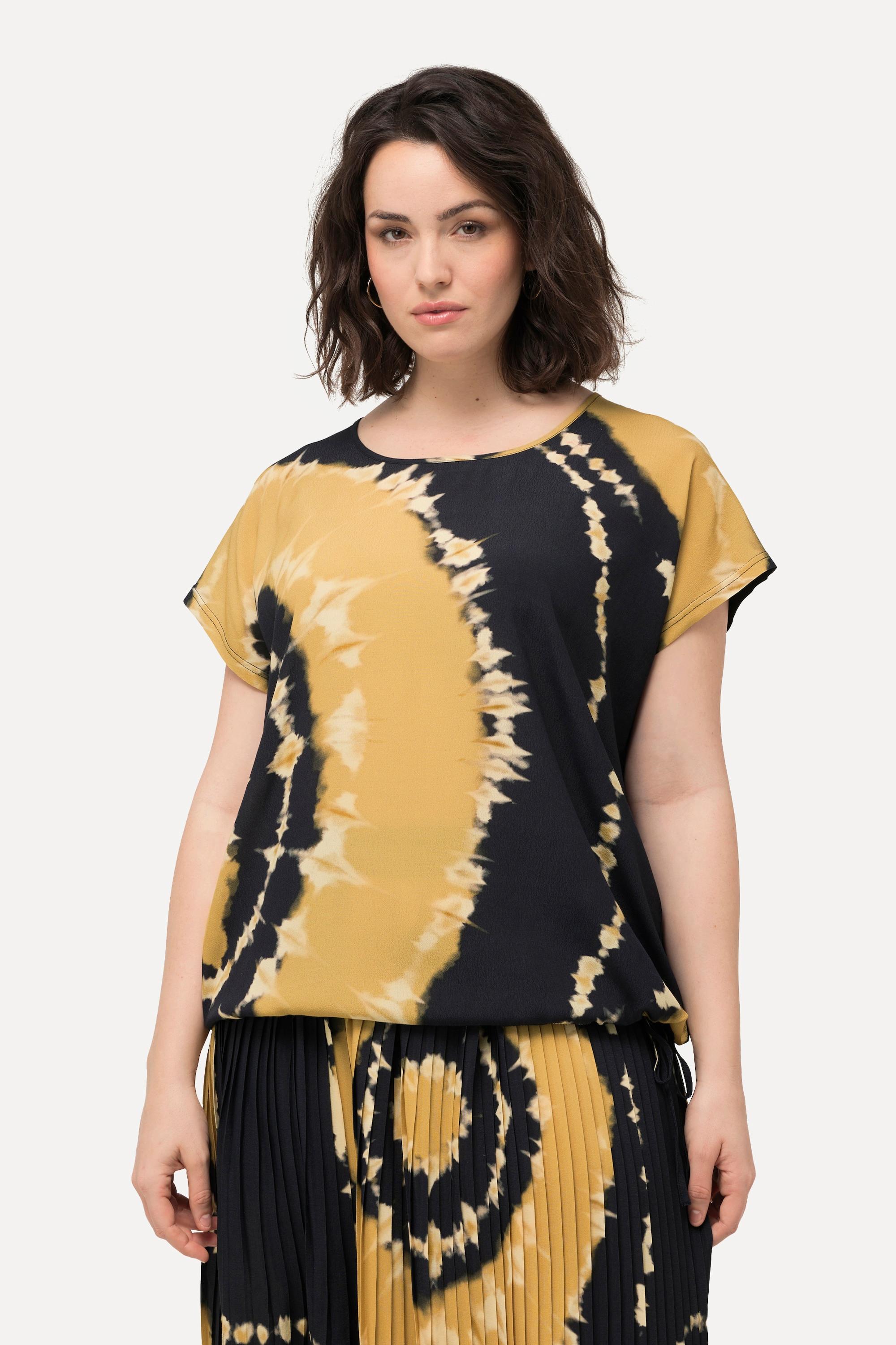 Ulla Popken Stampa Batik Scollo Rotondo Maniche Corte Blusa con Fascia sull'Orlo  