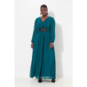 Abendkleid, V-Ausschnitt, bestickter Gürtel, Langarm