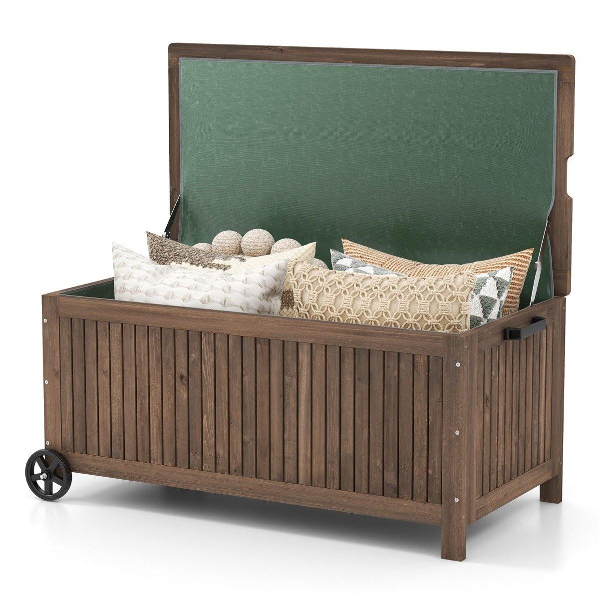 B2X Gartenbox Holz 213 L Aufbewahrungsbox mit Rädern Kissenbox mit wasserdichter PE-Auskleidung 114 x 58,5 x 51 cm Braun  