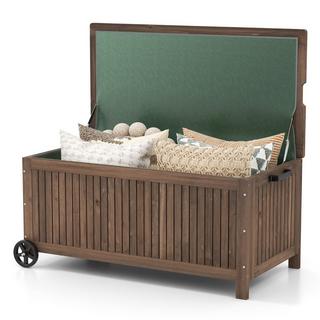 B2X Gartenbox Holz 213 L Aufbewahrungsbox mit Rädern Kissenbox mit wasserdichter PE-Auskleidung 114 x 58,5 x 51 cm Braun  
